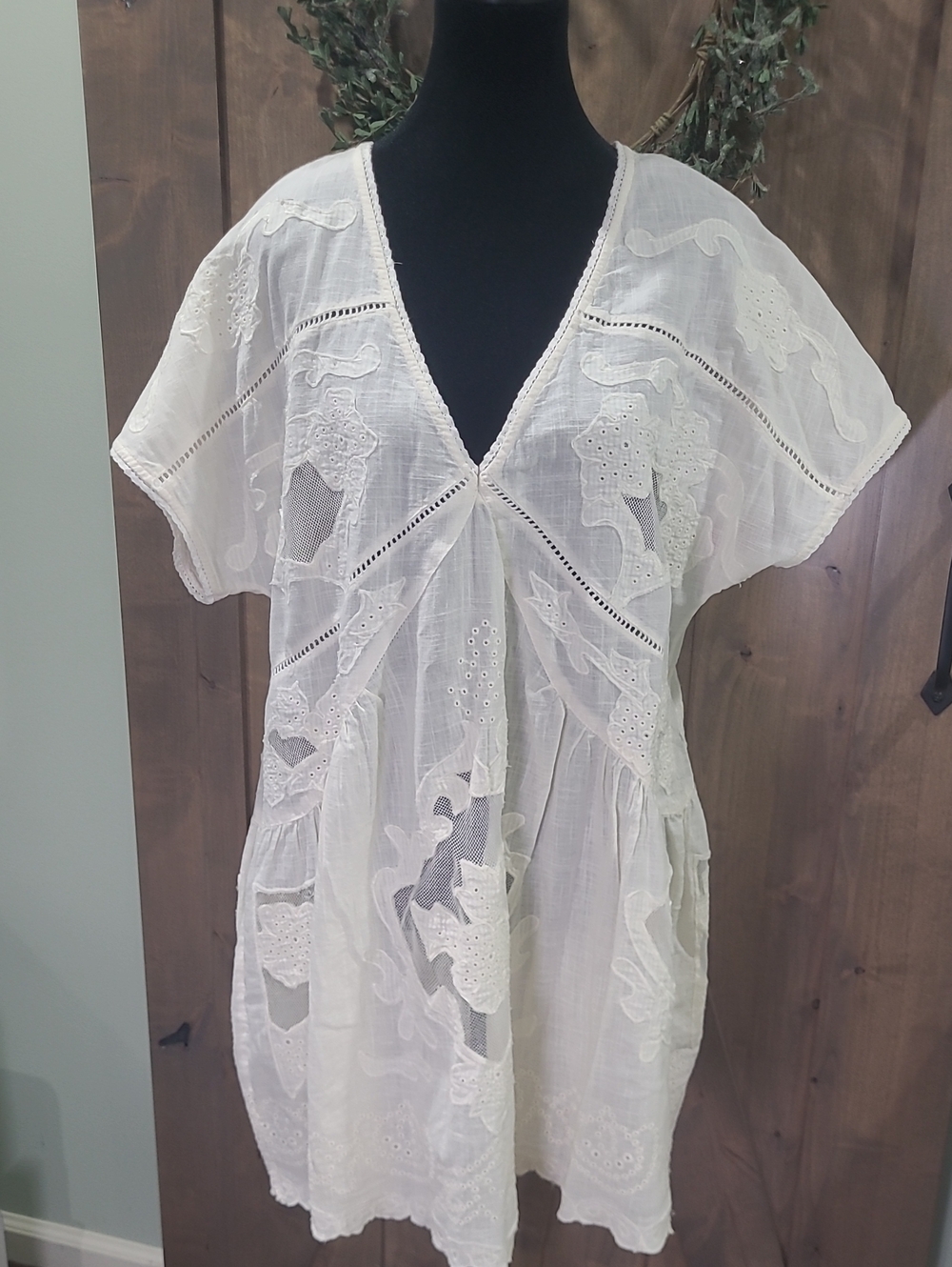 New Free People Ivory Cotton Lace Trimmed Embroidered Floral Mini Dress M
